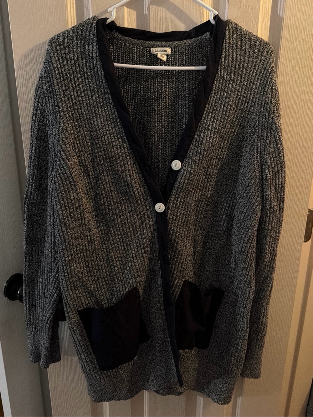 L.L. Bean Gray Ribbed Cardigan with Black Trim
